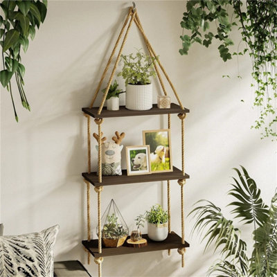 3 Tier Rope Hanging Floating Shelves Wood Wall Swing Shelf Home Storage from B&Q