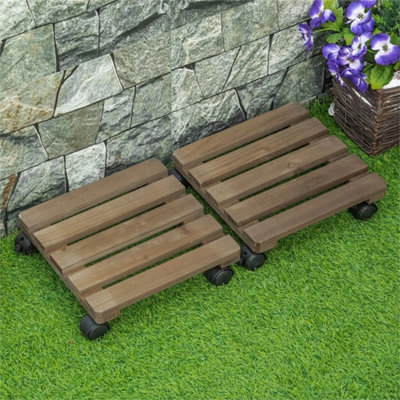2 Pack Plant Caddy With WheelsSquare Wooden Plant Pot Trolley from B&Q