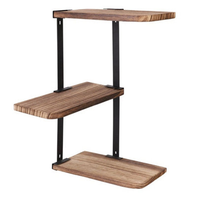  - 3 Tier Rustic Floating Corner Wood Wall Shelves For Kitchen Bedroom