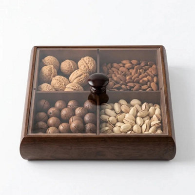  - Wooden Snack Tray With Lid For Treats & Dried Fruits Portable Candy Serving Tray Walnut