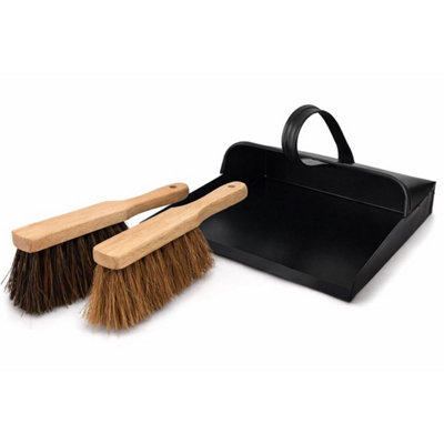  - Galvanised Metal Dustpan & Brush Set Stiff Soft Bristles Ash Coal Outdoor