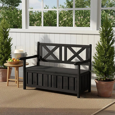  - Outdoor Wooden Bench Storage Seat 125L Trunk Patio Furniture For Cushions Tools Black