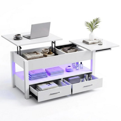  - Led Lift Top Coffee Table With Drawers 4 In 1 White Convertible Centre Table