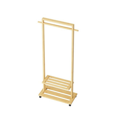  - Natural Heavy Duty Bamboo Clothes Rail Rack Garment Hanging Stand Wood Wardrobe + Wheels