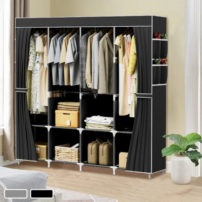  - Black Large Fabric Canvas Wardrobe With Hanging Rail Shelving Clothes Storage Cupboard
