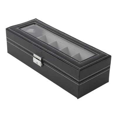  - Slot Black Watch Display Case Pu Leather Clear Window Jewelry Box Organizer 6 Grids