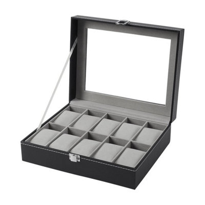  - Slot Black Watch Display Case Pu Leather Clear Window Jewelry Box Organizer 10 Grids