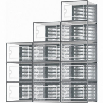  - Grey 12X Clear Stackable Plastic Shoe Storage Boxes Organiser Rack