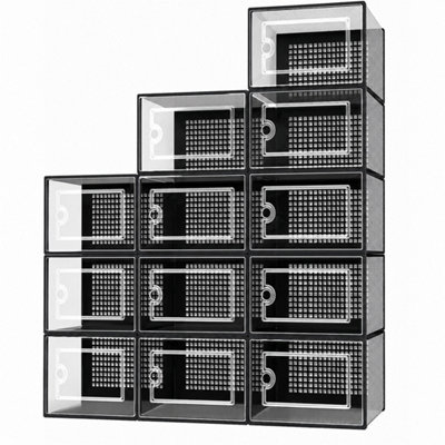 - Black 12X Clear Stackable Plastic Shoe Storage Boxes Organiser Rack