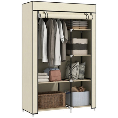 - Foldable Cream Fabric Wardrobe With Storage Shelves Hanging Rail