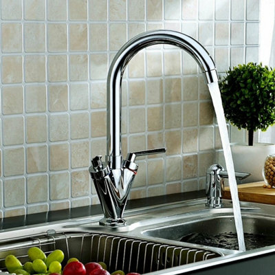  - Modern Kitchen Mixer Tap Dual Lever Swivel Spout Mono Chrome Sink Taps Faucet
