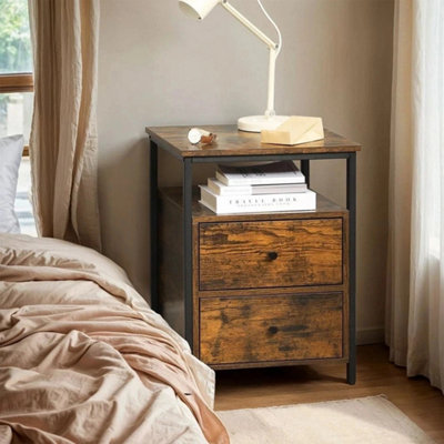  - Bedside Table W/ 2 Drawers & Open Shelf Rustic Brown