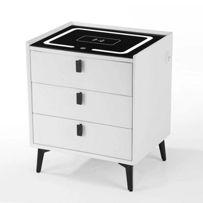  - White Led Bedside Nightstand With 3 Drawers & Wireless Charging