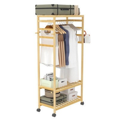  - Bamboo Wheeled Garment Rack Open Clothes Wardrobe Rail