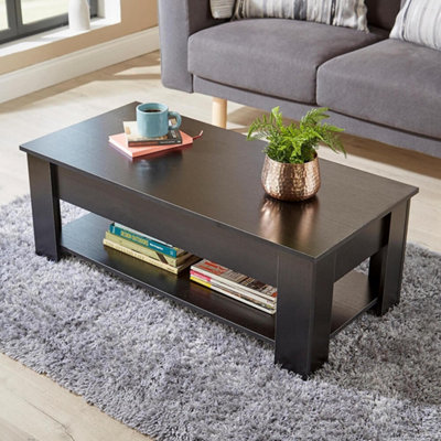  - Black Wooden Lift Top Coffee Table With Storage & Magazine Shelf