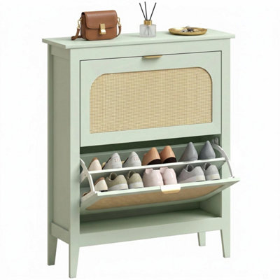  - Boho Shoe Storage Cabinet With 2 Flip Drawers & Rattan DoorsLight Green