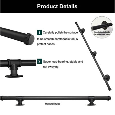  - Handrail Stair Rail Grab Balustrade Metal Staircase Banister Bar 100 Black