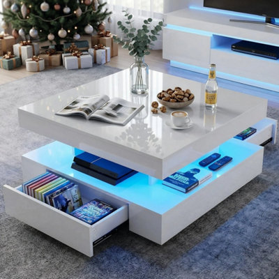  - High Gloss Led Coffee Table With 2 Drawers Modern 2 Tier Square Centre Table