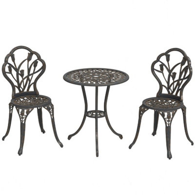  - Bronze Tone 3 Piece Patio Bistro SetAluminium Garden Table And Chairs With Umbrella Hole