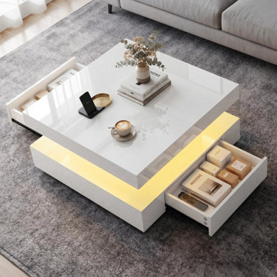  - High Gloss Led Coffee Table With 2 Drawers Modern 2 Tier Square Centre Table