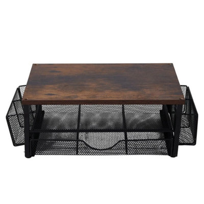  - Dark Wood Tone  Wood Top Desktop Printer Monitor Stand Riser Organiser Rack W/ Storage Mesh Basket Holder
