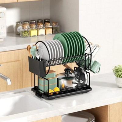  - Black 2 Tier Dish Rack Kitchen Utensils Cup Holder Drainer