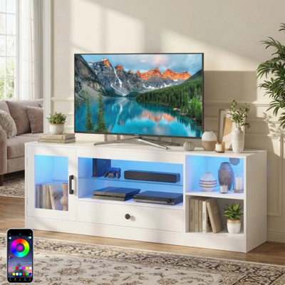  - White Tv Stand Rgb Light Door Drawer Glass Shelf