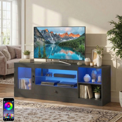  - Black Tv Stand Rgb Light Door Drawer Glass Shelf