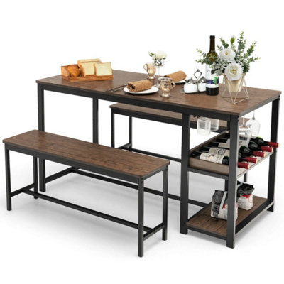  - 3 Pcs Dining Table Benches Set Space-Saving Table Set W/wine Rack Storage Shelf