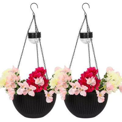  - 2 X Rattan Effect Solar Hanging Basket Lights Flower Planter
