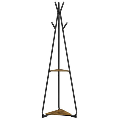  - Rustic Brown Freestanding Coat Rack 2 Shelves 6 Hooks