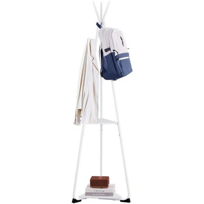  - White Freestanding Coat Rack 2 Shelves 6 Hooks