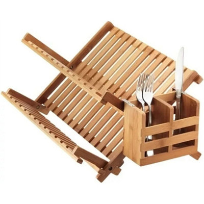 Bamboo Wooden Dish Drainer Cutlery Rack Foldable With Utensils Holder Organizer from B&Q
