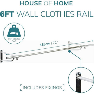 Clothes Rail Wall Mounted Garment Clothing Hanging Wardrobe Rack Chrome 6Ft