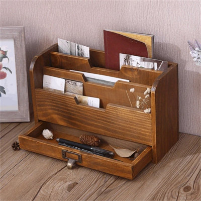  - Wooden Desktop Storage Box File Rack W/ Drawer Home Office Desk Organizer Unit