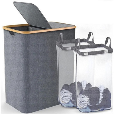  - 145L Large Laundry Basket Bin Bag Foldable Hamper 2 Compartment Double Sided Lid