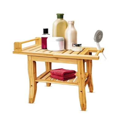 2 Tier Shower Bench Seat With Handles & Storage Shelf Wooden Spa Bathing Stool from B&Q