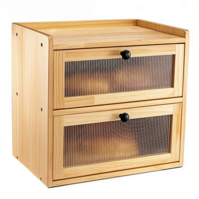 Wooden Bread Bin Double Layer  Large Bread Storage Box With Acrylic Front Door from B&Q