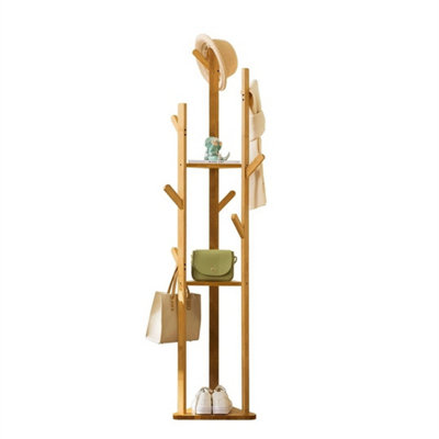  - Wooden 10 Hooks Coat Hat Hanger Stand Floor Standing Clothes Bags Umbrella Rack