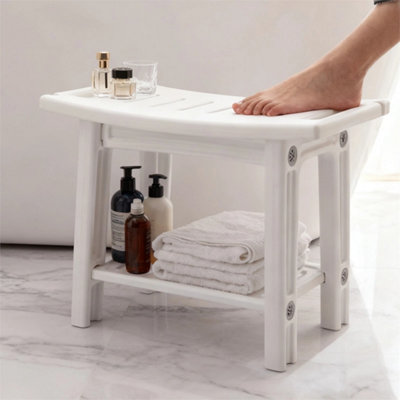 2 Tier White  Shower Bench Seat With Handles & Storage Shelf Plastic Spa Bathing Stool from B&Q