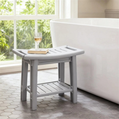 2 Tier Gray Shower Bench Seat With Handles & Storage Shelf Plastic Spa Bathing Stool from B&Q