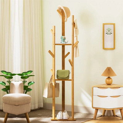  - Wooden 10 Hooks Coat Hat Hanger Stand Floor Standing Clothes Bags Umbrella Rack