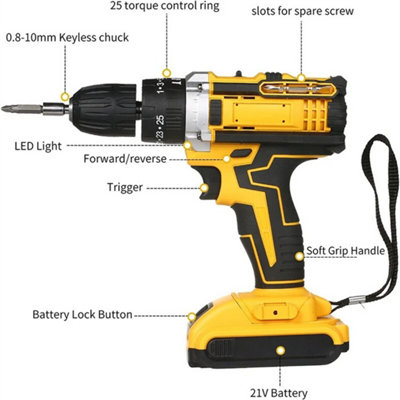 2 Battery 21V Cordless Drill Combi Driver High Power Electric Screwdriver Set