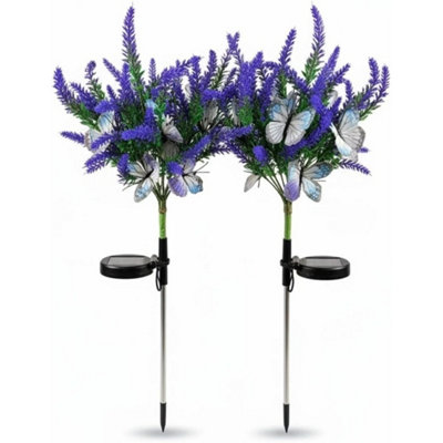 2X Solar Lavenders Butterflies Flower Lights Garden Stake Led Pathway Lawn Decor from B&Q