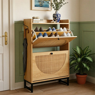 Rattan Shoe Storage Cabinet & 2 Flip Drawers Wooden Shoe Organiser For Hallway from B&Q