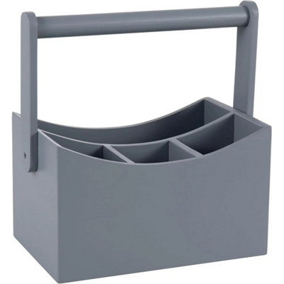  - Grey Bamboo Kitchen Utensil Holder 4 Compartment Cutlery Caddy With Handle