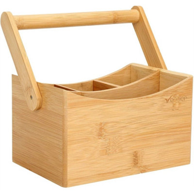  - Natural Bamboo Kitchen Utensil Holder 4 Compartment Cutlery Caddy With Handle