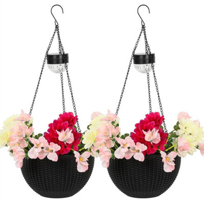 2 X Rattan Effect Solar Hanging Basket Lights Flower Planter Garden Spot Light from B&Q