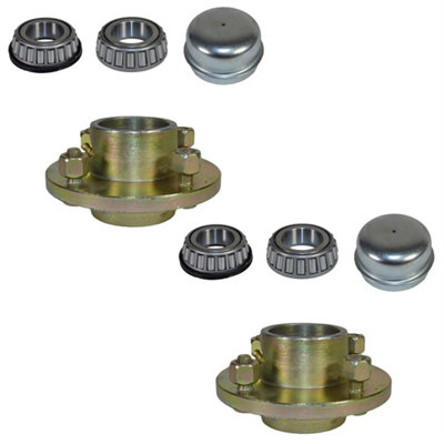 Pair Of Trailer Cast Wheel Hub 4" Pcd 1" Taper Bearing 4 Stud With Nuts And Cap from B&Q
