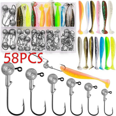 58Pcs New Lure Drop Shot Set Jig Lead Head Hook Soft Worm Tail Pike Perch from B&Q